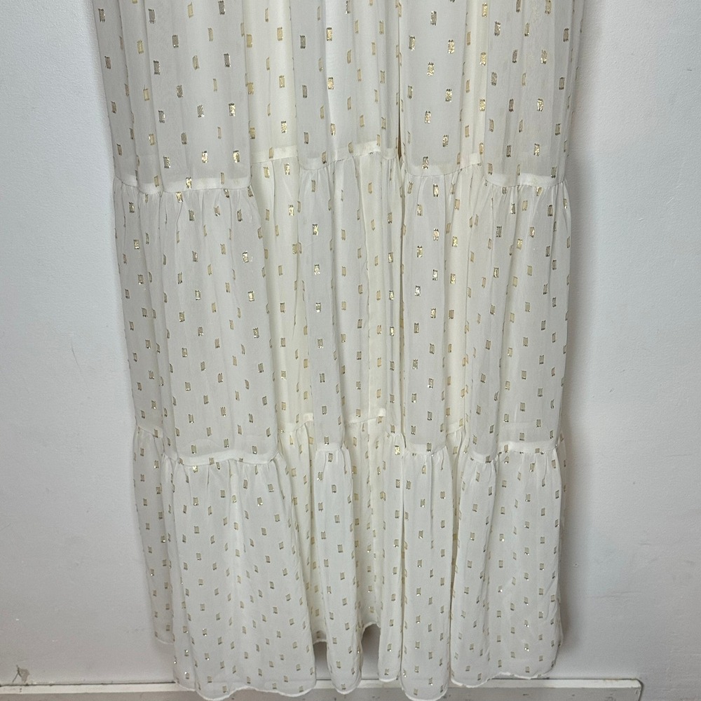 Express Tiered Maxi Dress Womens White Gold Metallic Foil‎ Clip Dot Boho Medium - Picture 5 of 14